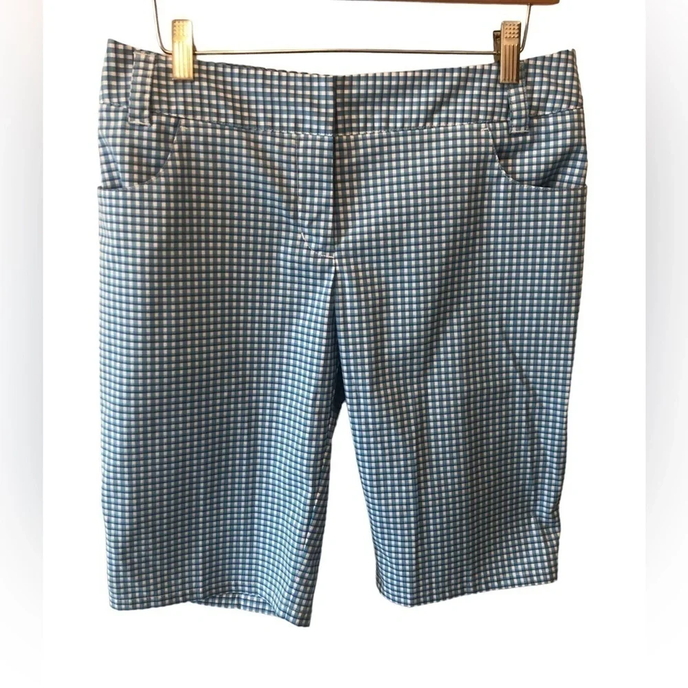 Adidas Blue Check Golf Bermuda Short Stretch Size 6 Outdoors Sporty Pockets